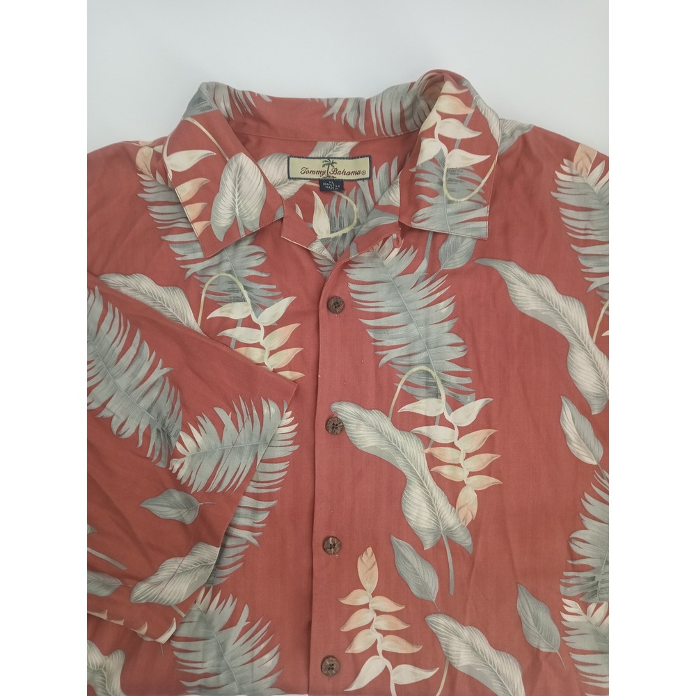 Tommy Bahama Mens XL Silk Camp Shirt Terracotta Red‎ Tropical Palm Leaf Print
